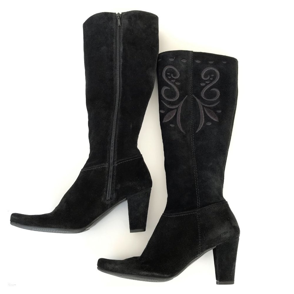 Geox Respira Black Suede Embroidered Knee High Boots EU 37 / US 6.5